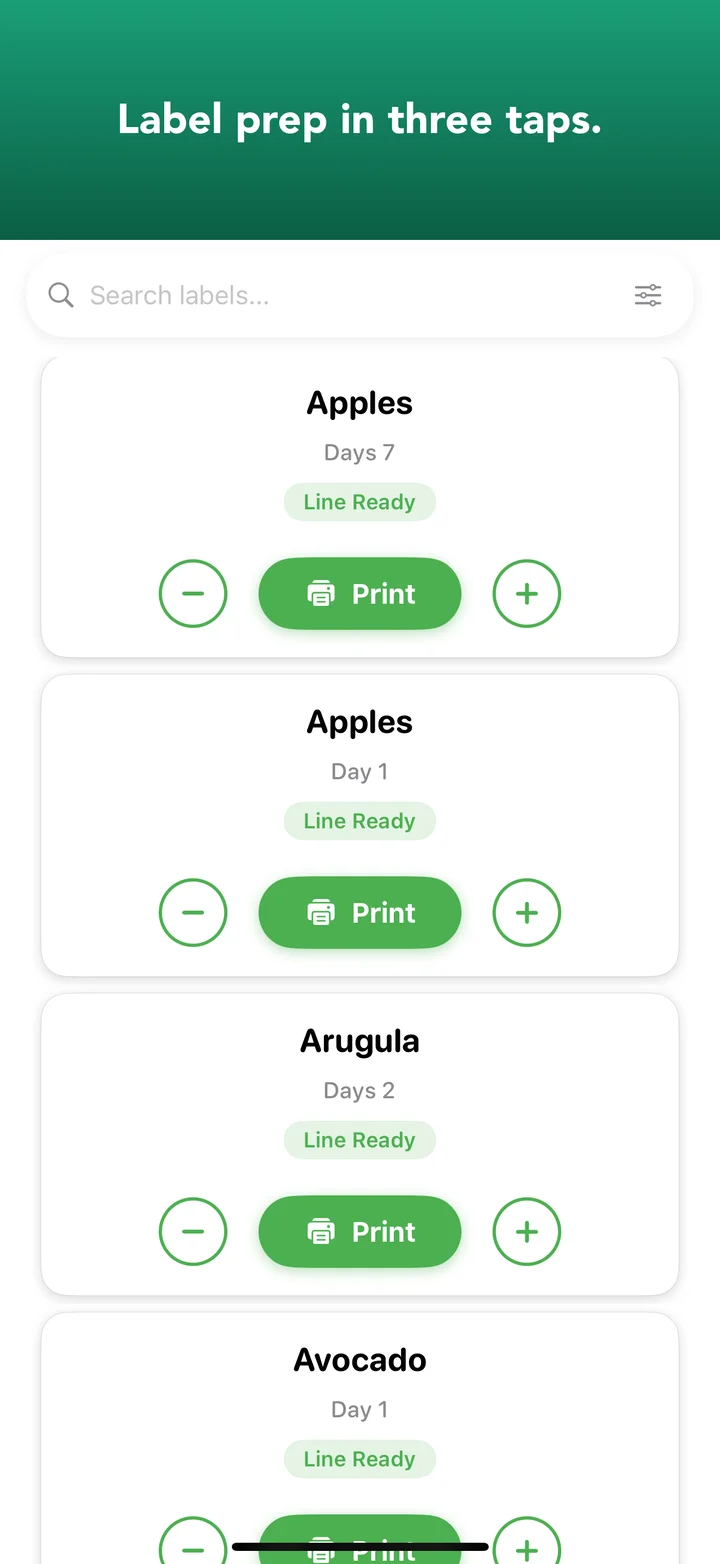 BOH Wiz prep list with green Print buttons next to each item — tap to print