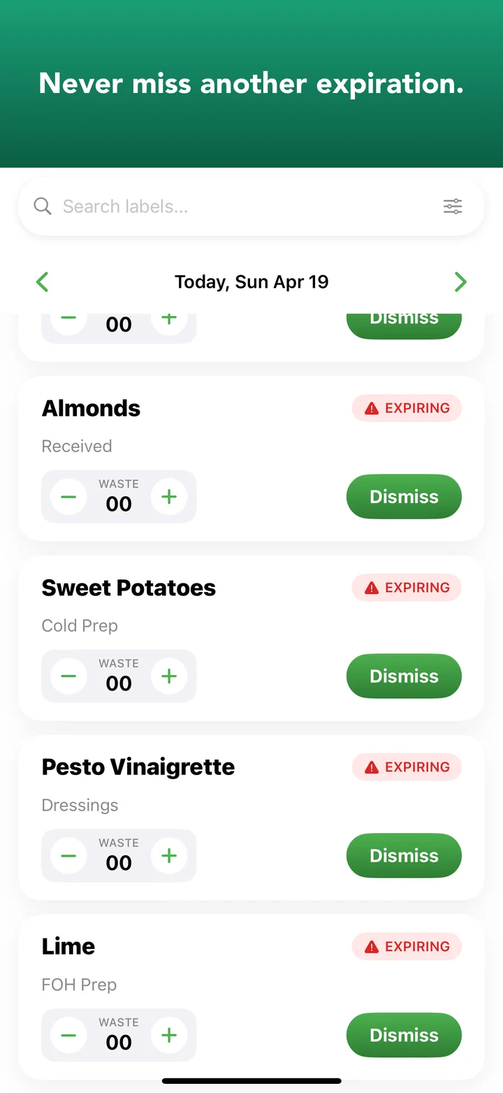 BOH Wiz expiring items list sorted by date with red 'expires today' and amber 'expires tomorrow' badges