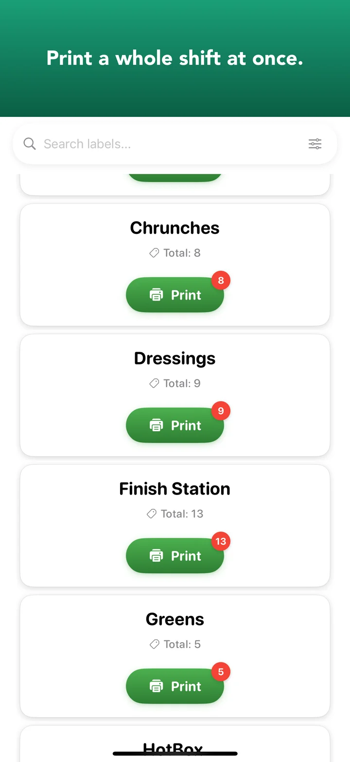 BOH Wiz batch print screen with multiple prep items selected and a single Print button at the bottom