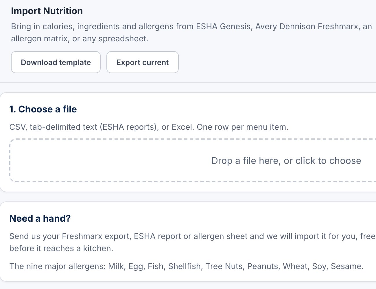 BOH Wiz Import Nutrition screen that accepts ESHA Genesis, Avery Dennison Freshmarx, allergen matrix and spreadsheet files