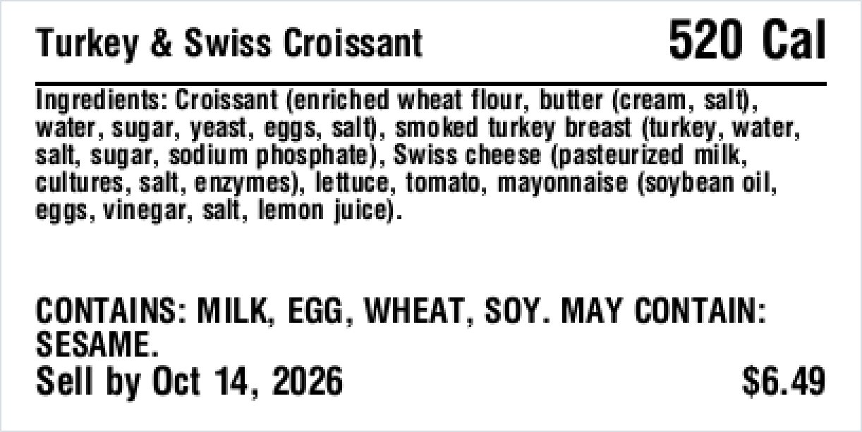 Compact Grab and Go label with item name, calories, ingredients, allergen statement, sell-by date and price