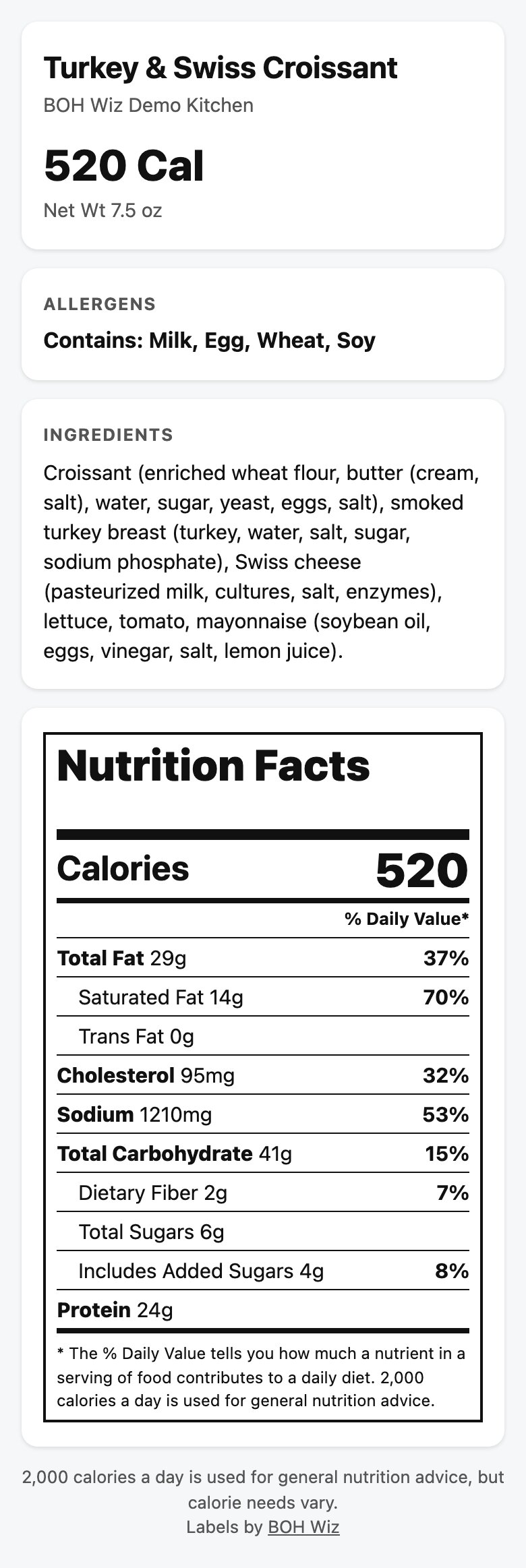 Phone screen showing the page a label's QR code opens: item name, 520 calories, allergens, ingredients and a full Nutrition Facts panel with percent daily values