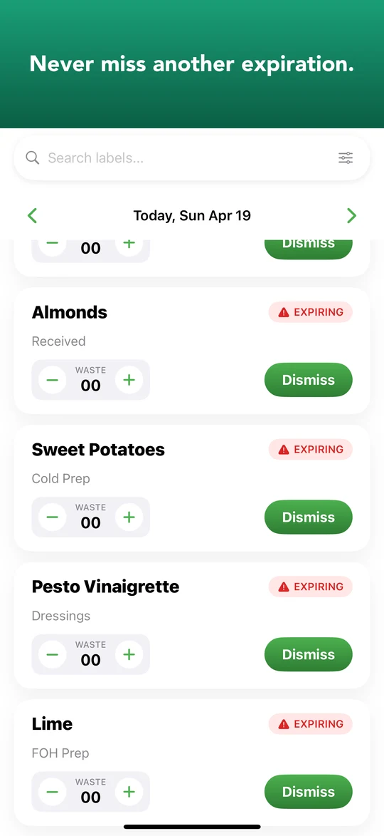BOH Wiz expiring tab showing items approaching their use-by date with EXPIRING alerts