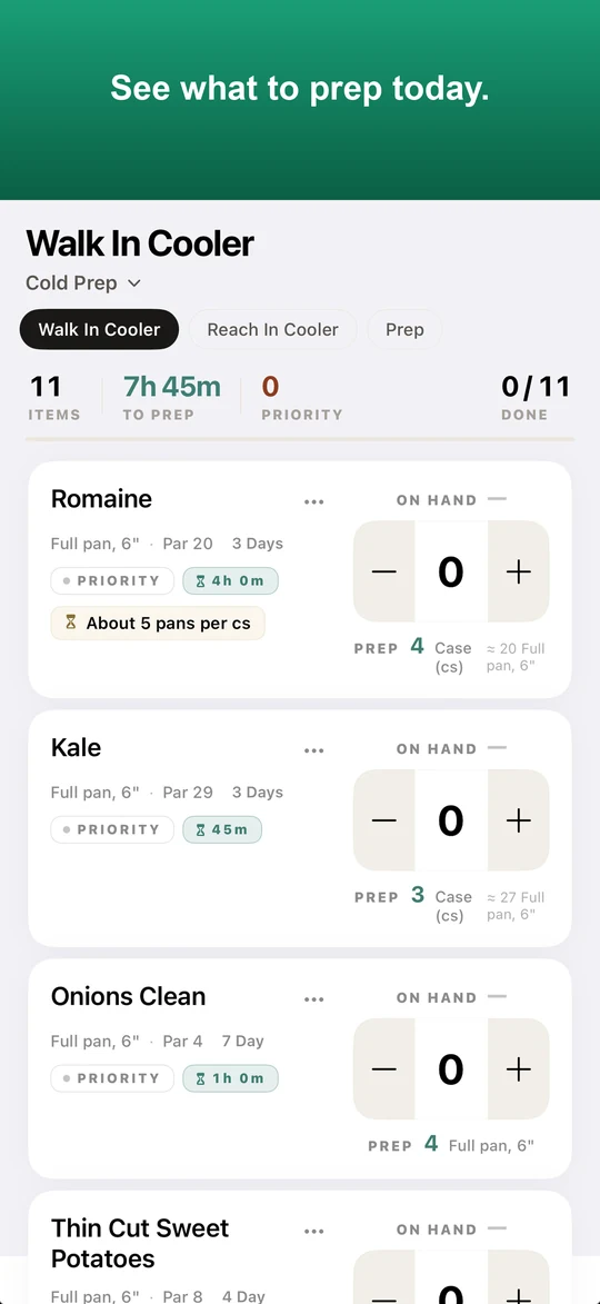 BOH Wiz Prep List screen showing Walk-In Cooler items (Romaine, Kale, Onions Clean) with par levels, time-to-prep estimates, and case-to-pan yield math