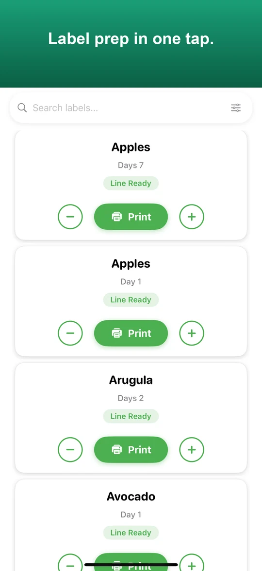 BOH Wiz prep list with one-tap Print buttons next to each item (apples, arugula, avocado)
